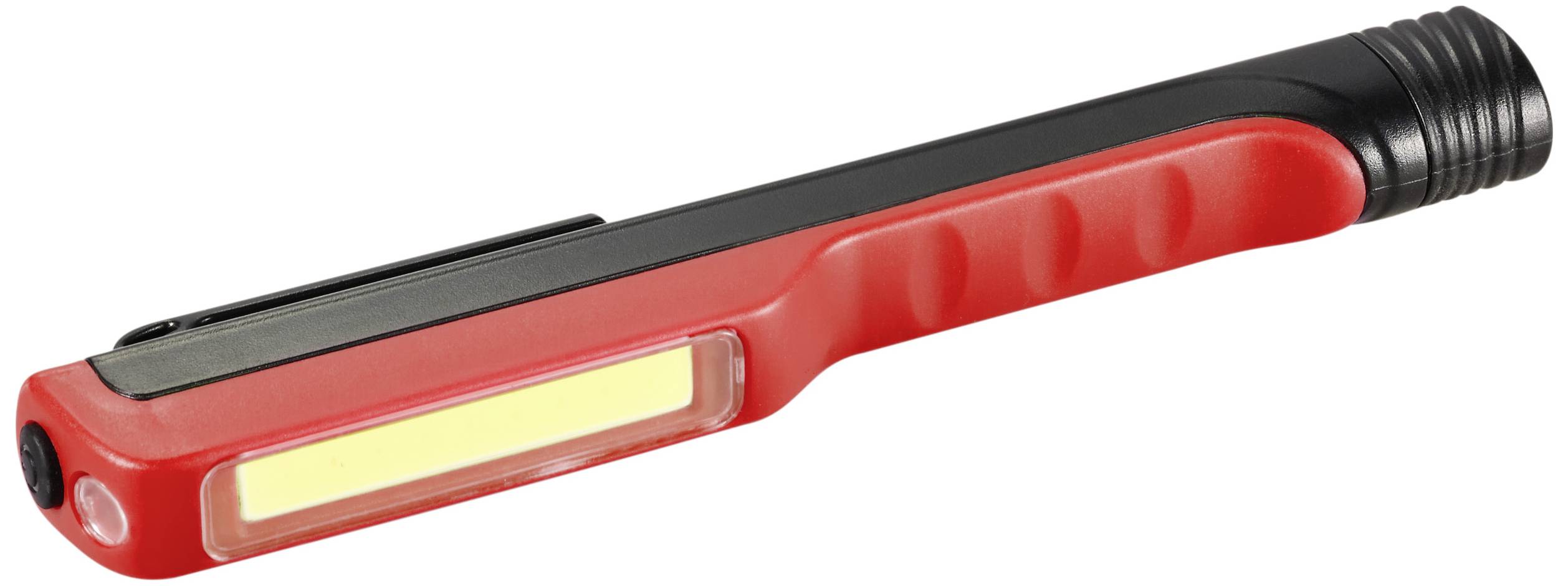 Une lampe de travail LED rouge en forme de stylo avec pince, adaptée pour un éclairage précis dans des espaces étroits.