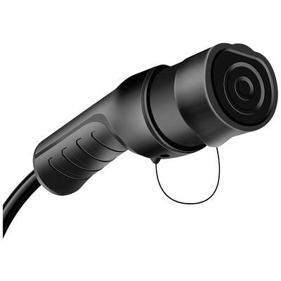 Un connecteur noir cylindrique avec un câble, probablement un élément de connexion électronique, doté d'une zone de préhension cannelée.