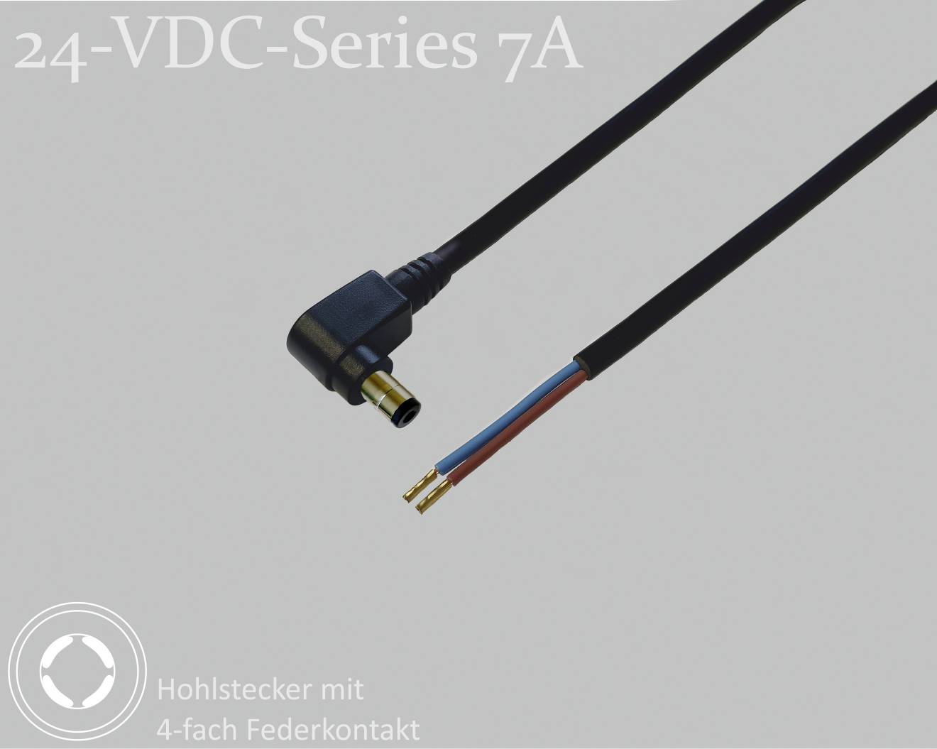 Câble série '24-VDC-Series 7A' avec connecteur creux et contact à ressort quadruple. Adapté aux applications électroniques.