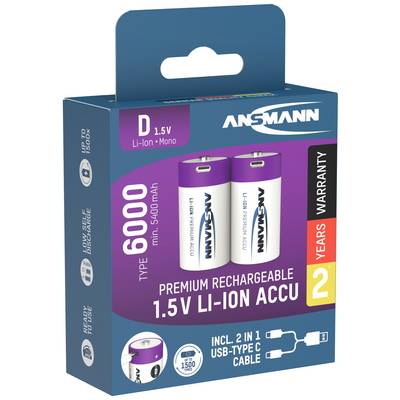 Batterie Li-Ion rechargeable Ansmann, type D, 1,5V, 6000mAh. Emballage contenant deux batteries et un câble USB-C 2-en-1.