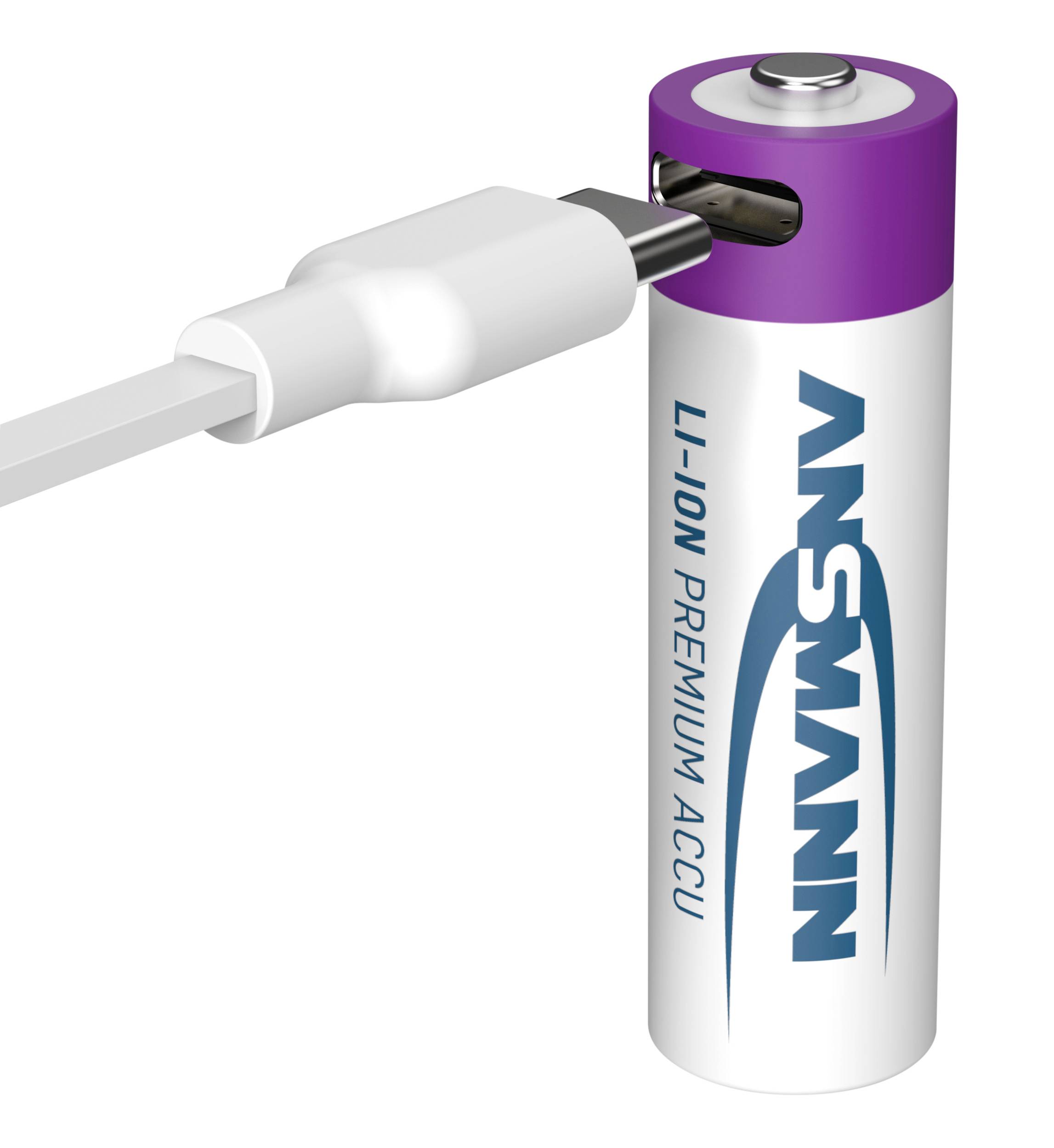 Prise de chargeur connectée à une batterie rechargeable Li-Ion. Batterie avec capuchon violet, étiquetée 'Ansmann'.