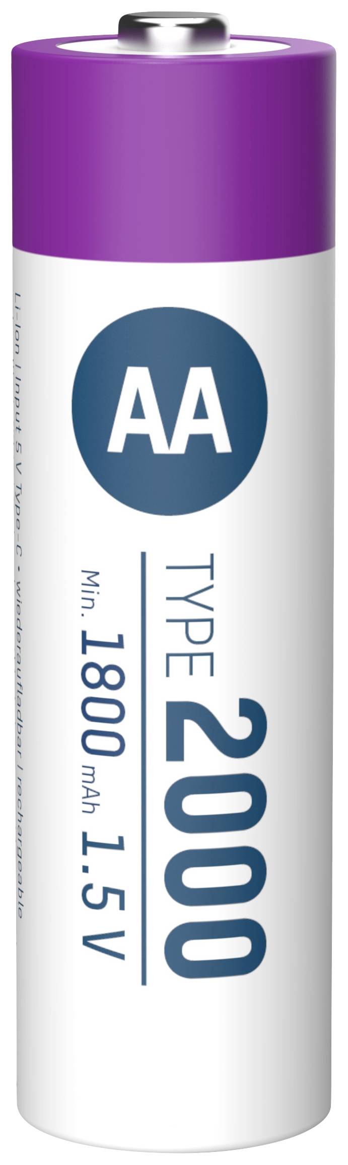 'Pile AA, Type 2000. Tension : 1,5V. Capacité : Au minimum 1800mAh.'