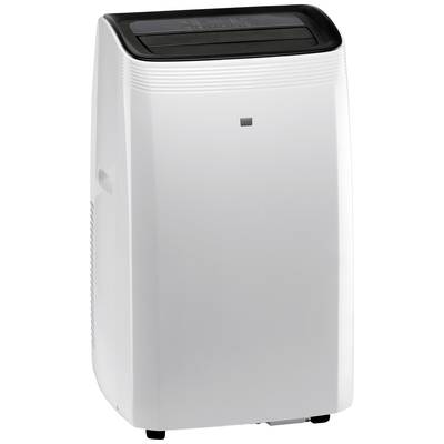 Un climatiseur portable avec un boîtier blanc et un panneau de commande noir en haut. Il est monté sur des roulettes pour faciliter le déplacement.