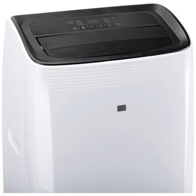 Un déshumidificateur blanc avec un dessus noir sur lequel on peut voir des boutons de commande et un écran. L'appareil est placé à l'intérieur d'une pièce.