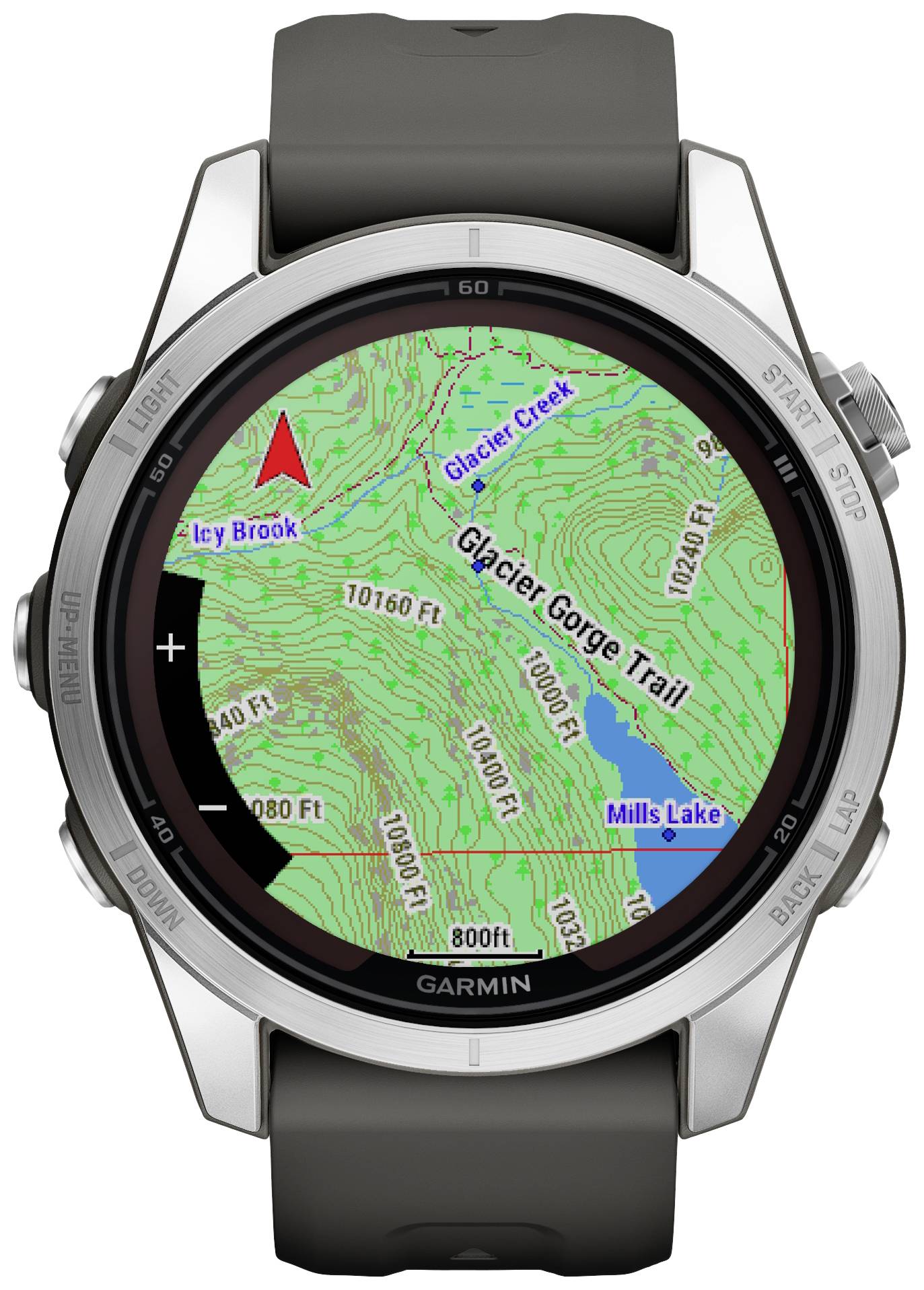 Montre connectée avec carte topographique, affichant le 'Sentier de Glacier Gorge' avec des courbes de niveau et des points d'intérêt comme 'Mills Lake'. Flèche en haut à gauche.