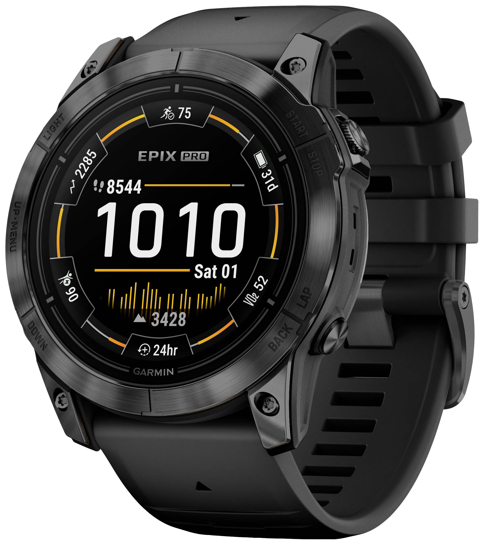 Montre intelligente noire avec affichage circulaire. Affiche 'EPIX PRO', pas, fréquence cardiaque et date 'Samedi 01'. Options de suivi de fitness visibles.