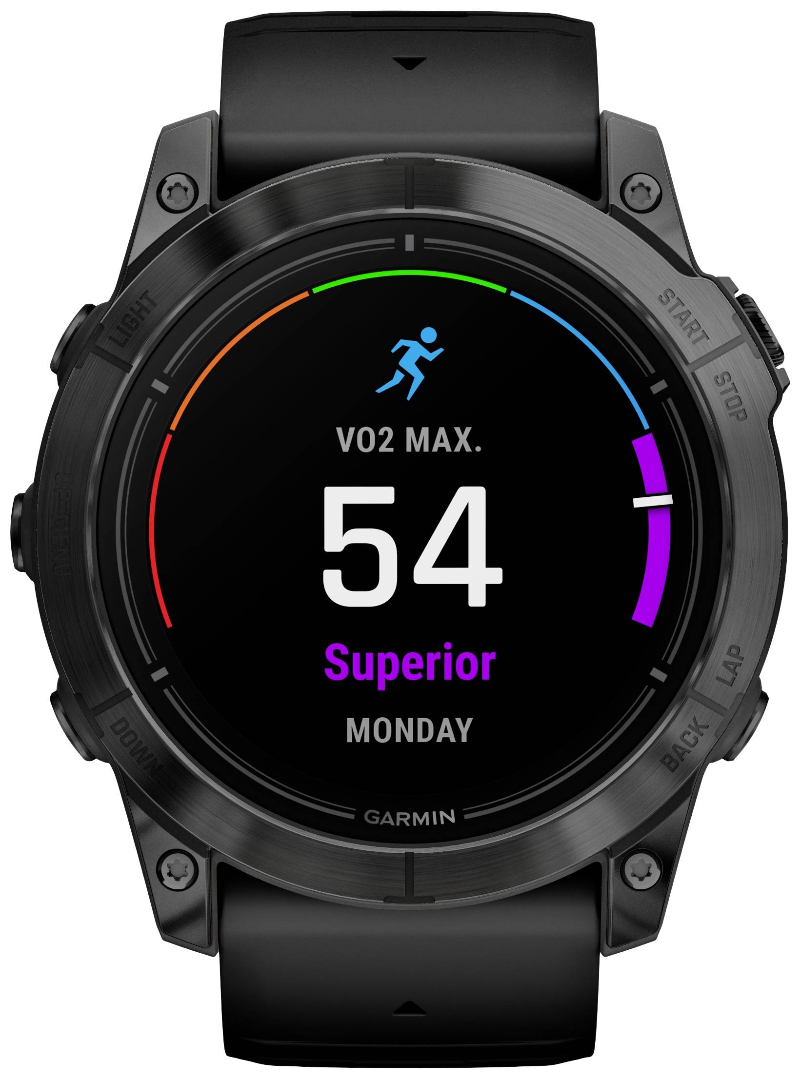 Montre connectée avec bracelet noir affichant 'VO2 MAX. 54 Supérieur'. L'écran présente une échelle colorée avec une icône de personne qui court. Jour : Lundi.