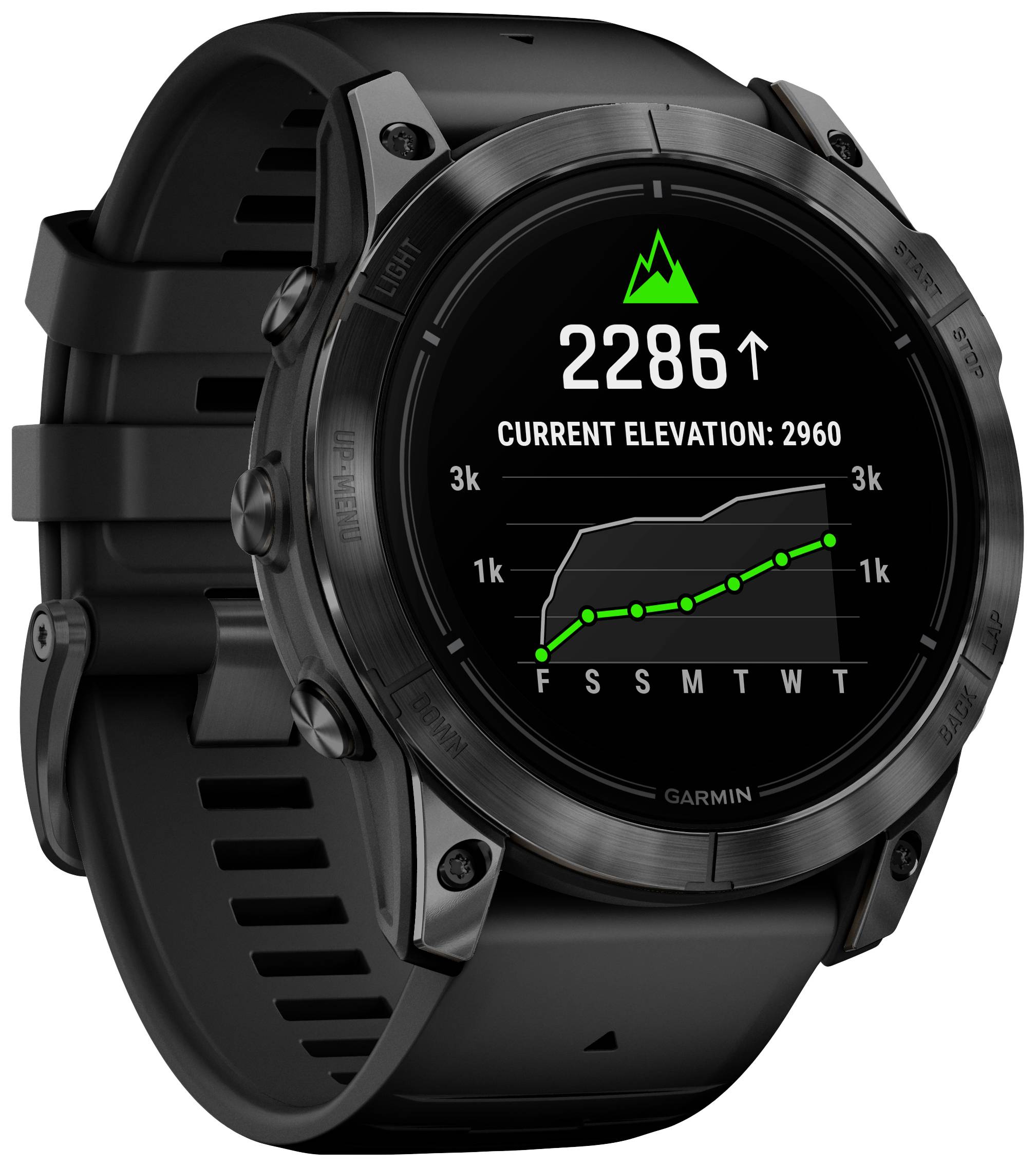 Montre connectée noire avec un diagramme sur l'écran : 'Altitude actuelle : 2286'. Affiche l'évolution de l'altitude des derniers jours avec une tendance à la hausse.
