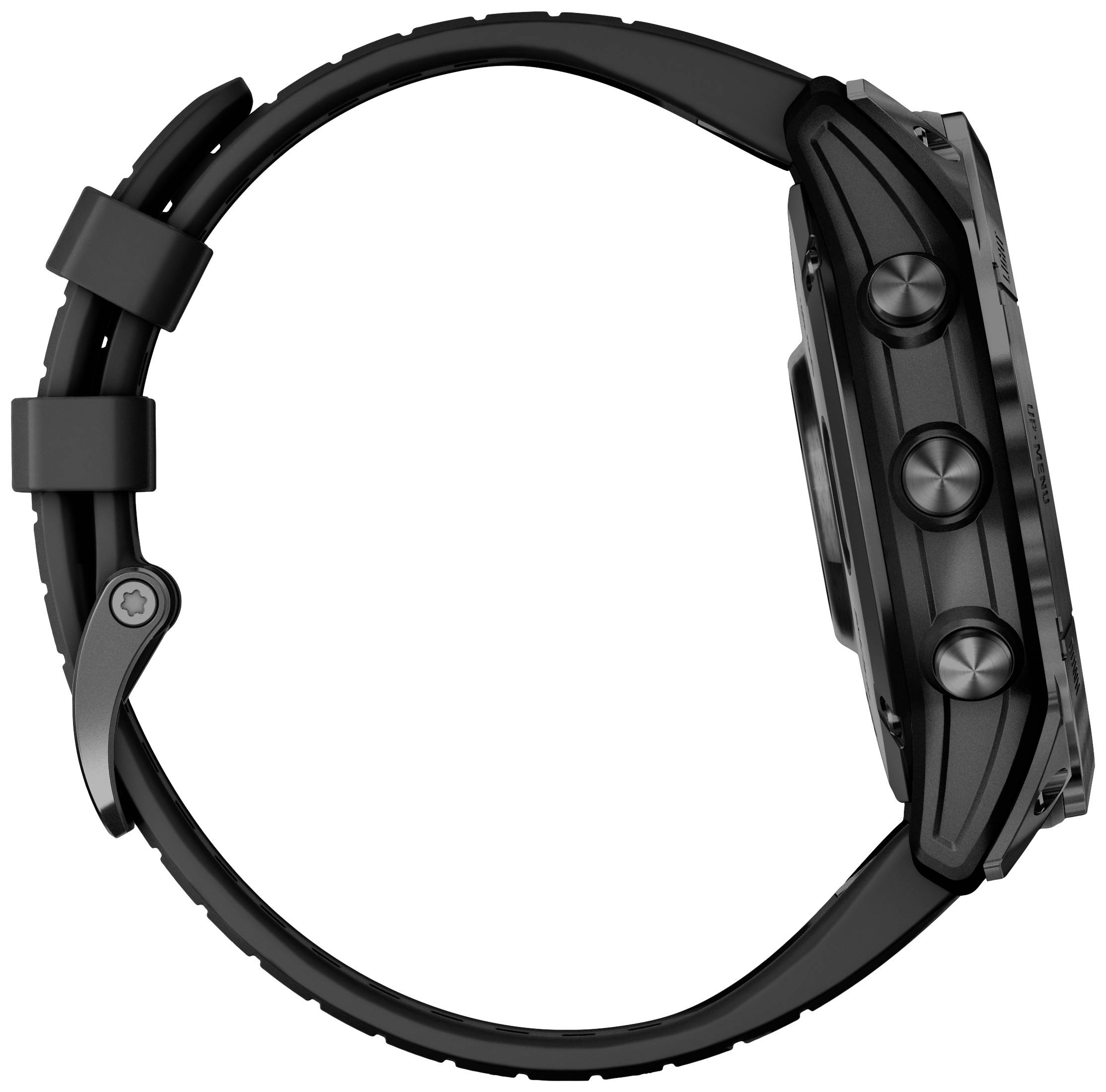 Montre-bracelet noire vue de côté avec trois boutons visibles et un design robuste, adaptée aux activités sportives.