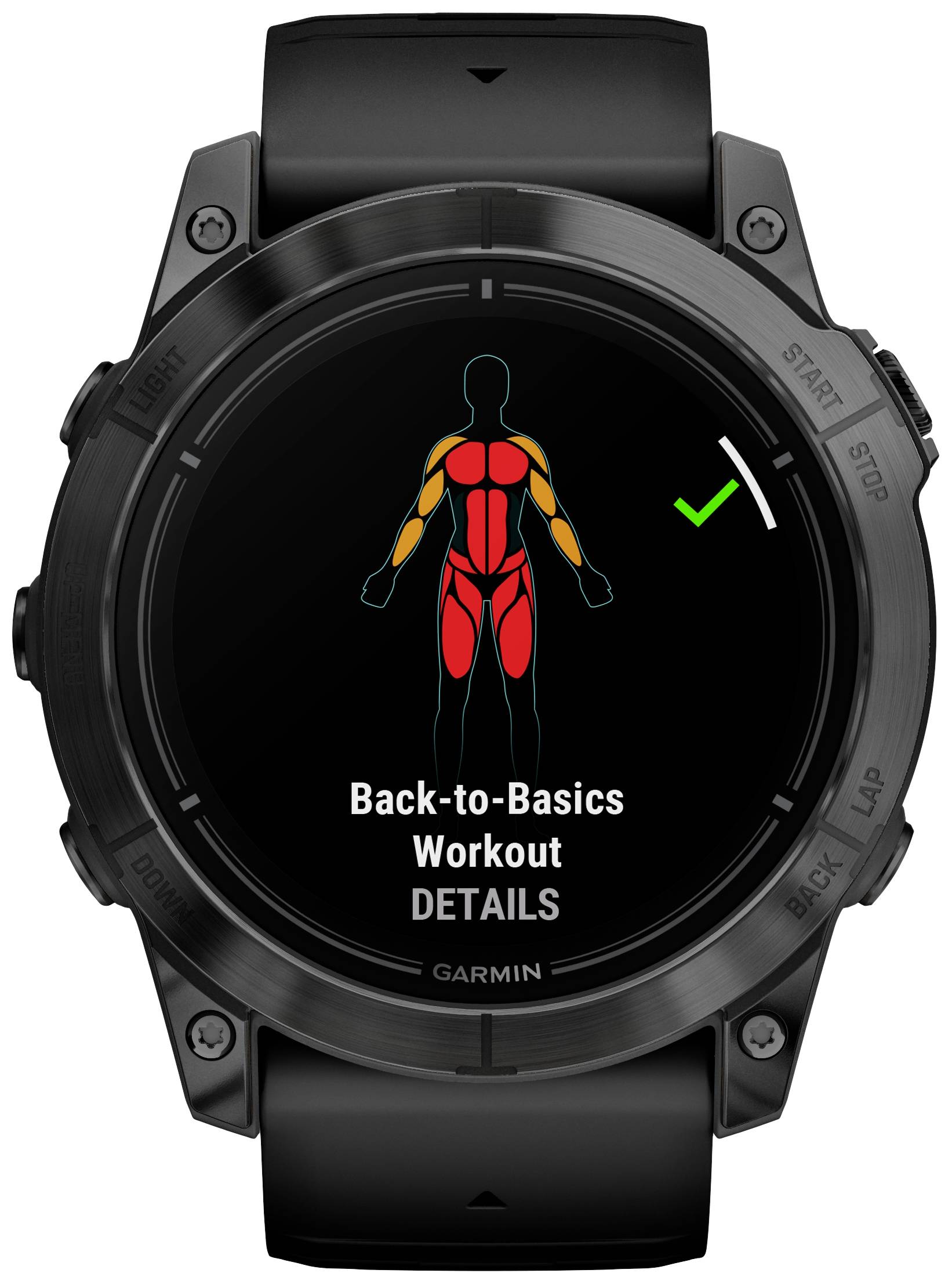 Une montre de sport noir affiche un écran d'entraînement avec une silhouette humaine stylisée. Des zones du corps sont marquées en couleur. Le texte sur l'écran indique « Back-to-Basics Workout DETAILS » avec une coche verte à droite.