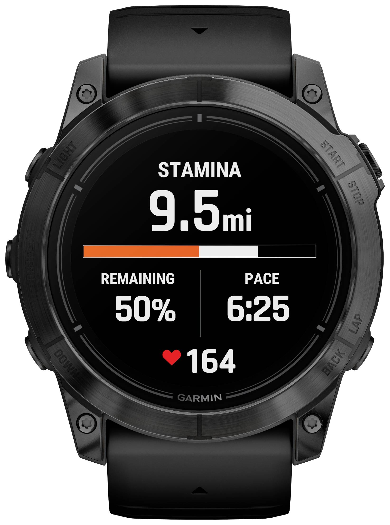 Un bracelet de fitness noir affiche 'ENDURANCE 9,5 mi', 'RESTANT 50 %', 'ALLURE 6:25', 'Fréquence cardiaque 164'.