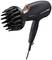 Sèche-cheveux noir avec embout diffuseur. Vue latérale montrant les boutons de commande et le câble. Marqué 'Panasonic'.