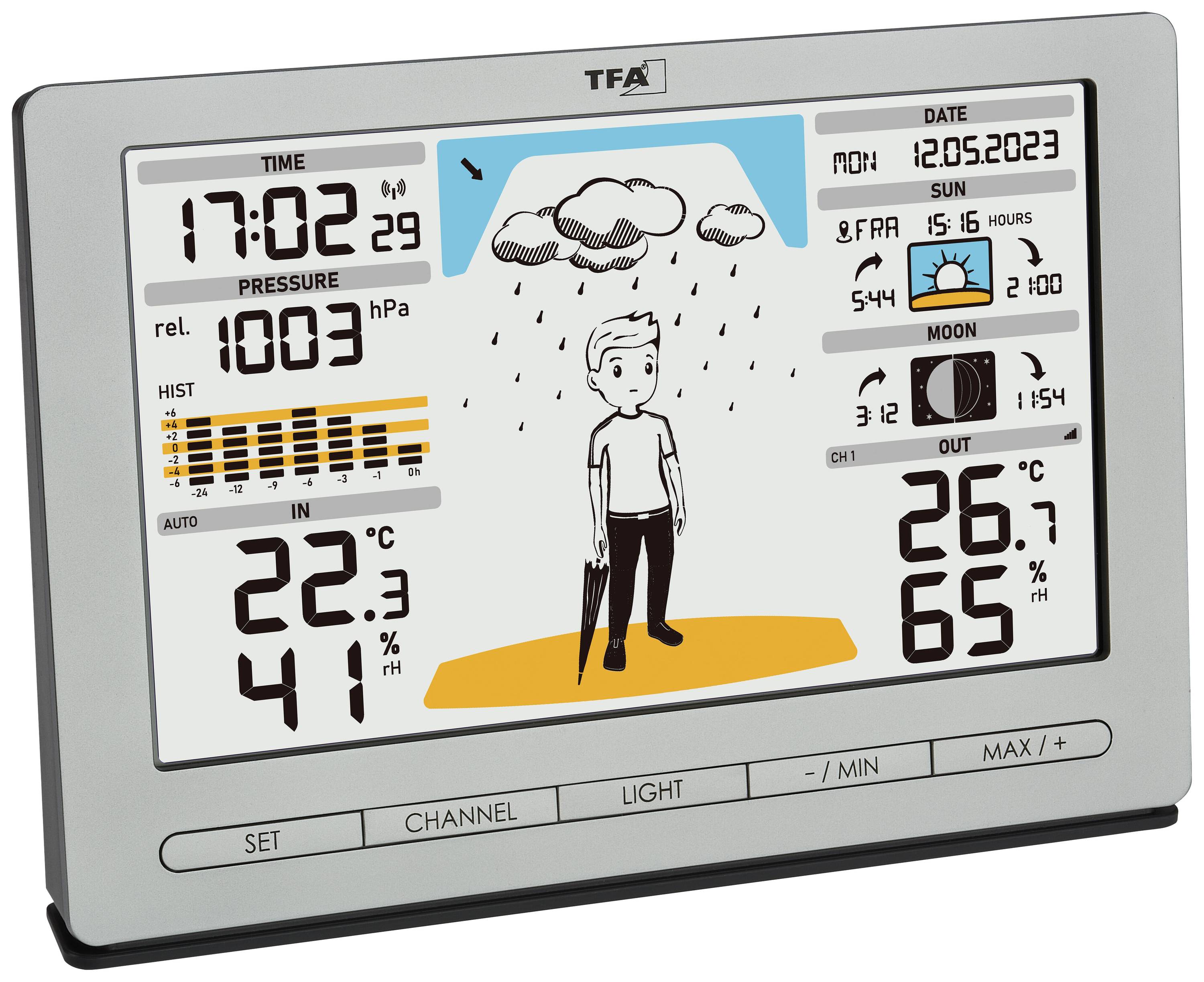 Appareil météorologique numérique affichant l'heure, la date, la température, l'humidité, la pression atmosphérique et les prévisions météorologiques. Une illustration de bande dessinée représente la pluie.
