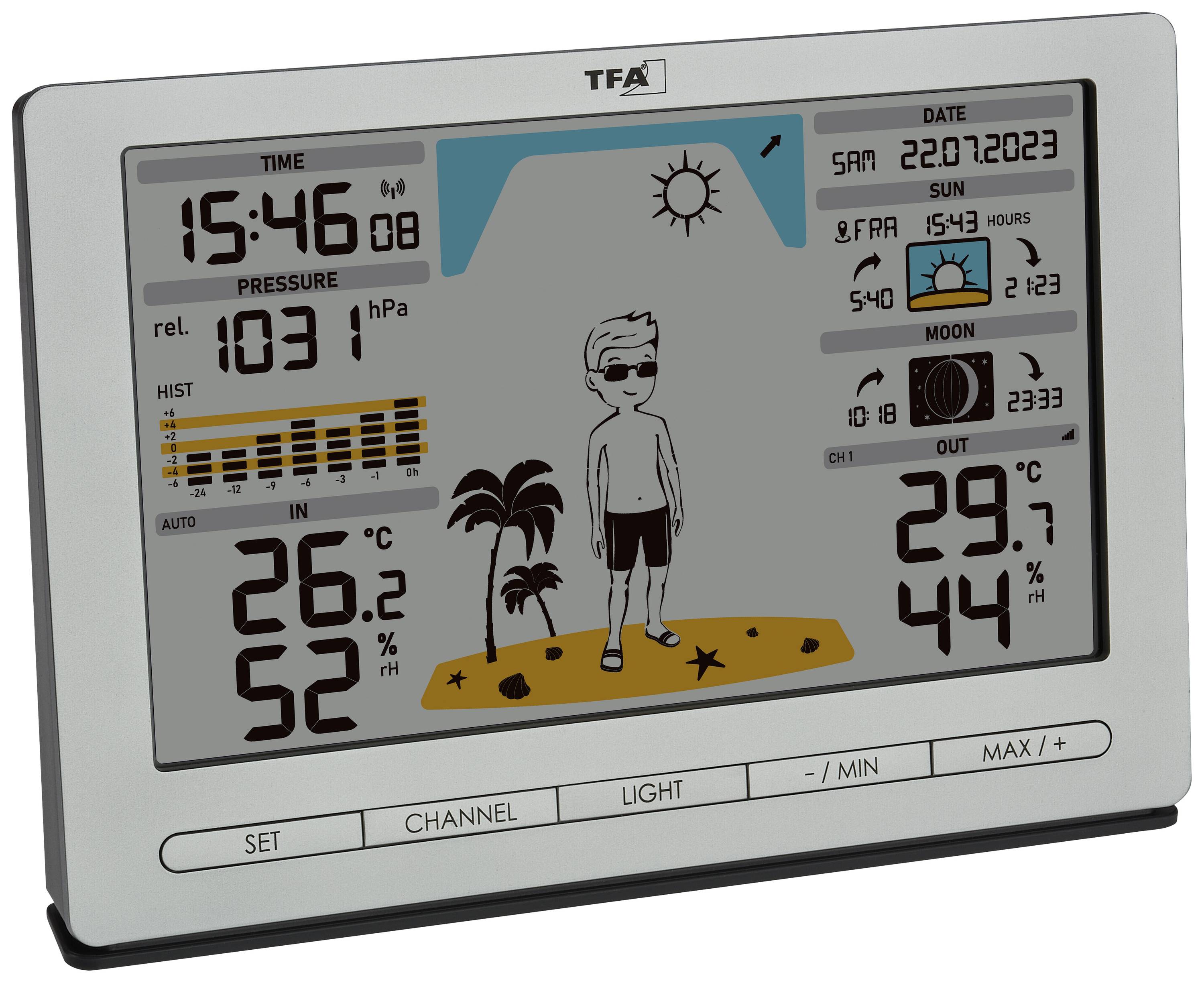 Thermomètre et baromètre numérique avec écran. Affiche l'heure, la date, la température, l'humidité, la pression atmosphérique et une animation météorologique.