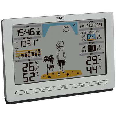 Thermomètre et baromètre numérique avec écran. Affiche l'heure, la date, la température, l'humidité, la pression atmosphérique et une animation météorologique.