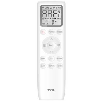 Une télécommande pour un climatiseur avec des touches 'Turbo', 'Mode', 'Ventilateur', 'Eco' et 'Minuterie'. L'affichage indique la température et des symboles.