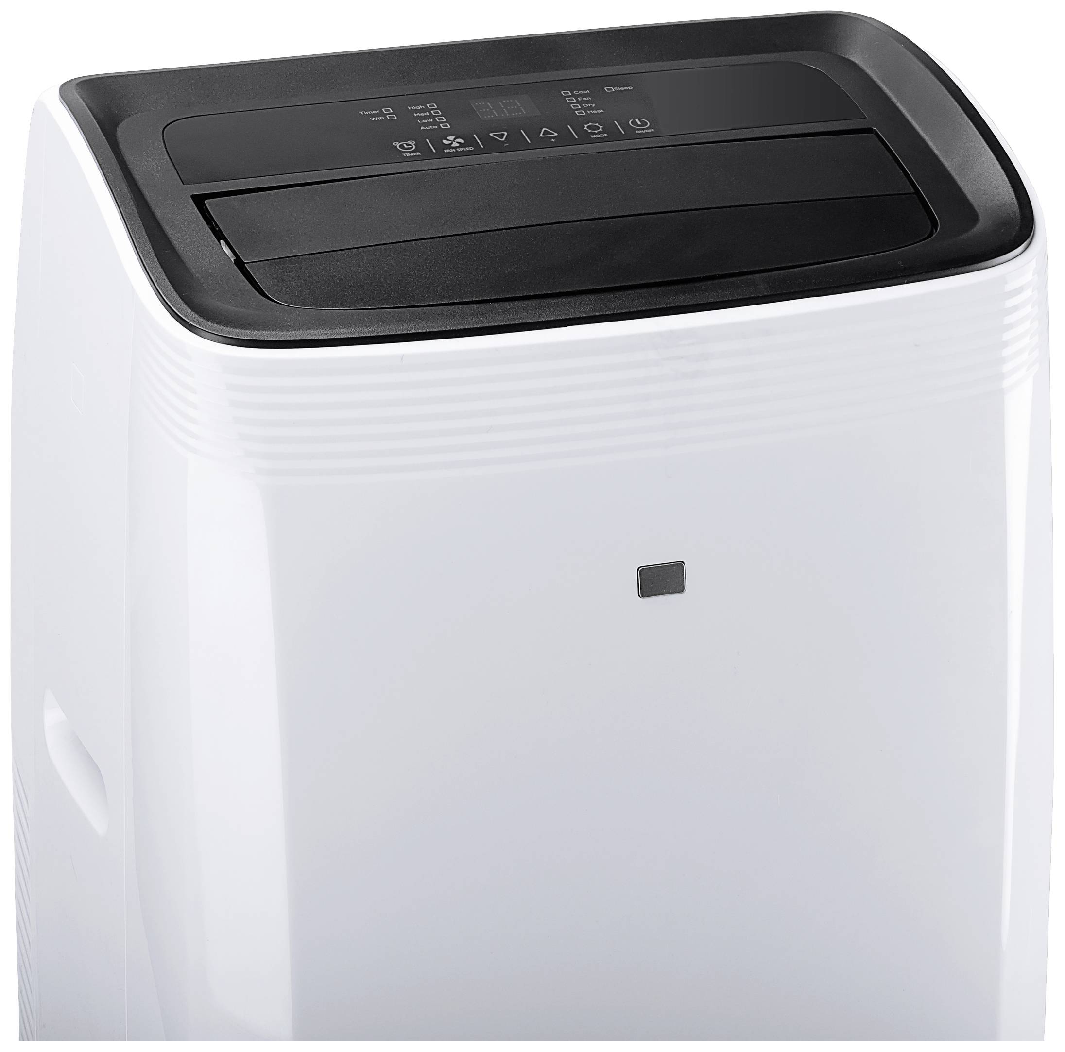 Un déshumidificateur blanc, moderne, avec un panneau de commande noir sur le dessus. Il présente un design minimaliste et des lignes épurées.