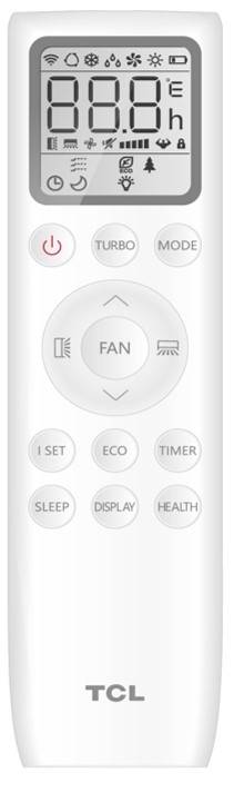 Télécommande pour climatiseur avec écran et touches 'Power', 'Turbo', 'Mode', 'Ventilateur', 'Eco', 'Minuterie', 'Sommeil', 'Affichage', 'Santé'.