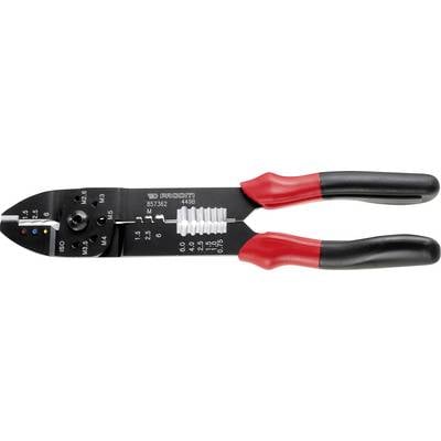 Pince à dénuder en gros plan, noire avec des poignées rouges, montrant une échelle métrique pour couper et dénuder les fils.