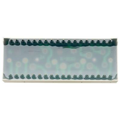 Un composant électronique rectangulaire, transparent, avec des circuits visibles et de nombreuses broches sur les côtés.