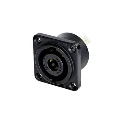 Une fiche noire, carrée, multipolaire avec un réceptacle circulaire et des trous de fixation dans les coins, utilisée pour les connexions électroniques.