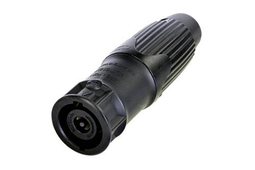 Un connecteur électrique noir, cylindrique, avec une poignée striée et une zone de contact circulaire. Adapté pour des connexions robustes.