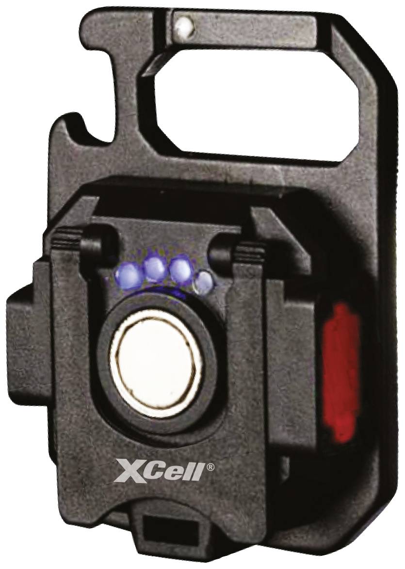 Indicateur de changement de batterie Schwarzer XCell avec voyants bleus lumineux et interrupteur rouge, compatible avec un montage sur vélo.