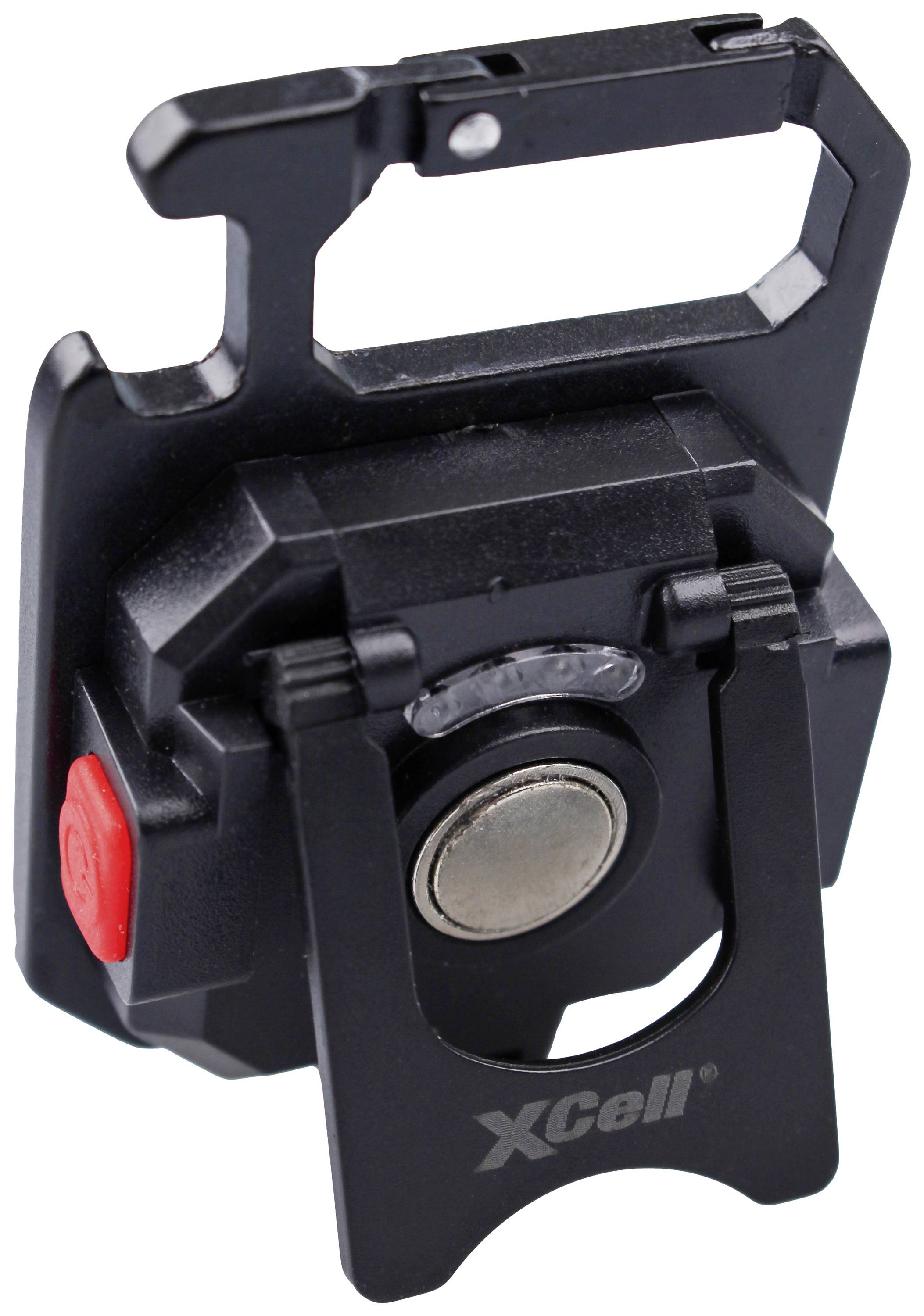 Accessoire de lampe de vélo noir, carré, avec un bouton rouge et un aimant, qui maintient la lampe solidement fixée au guidon.