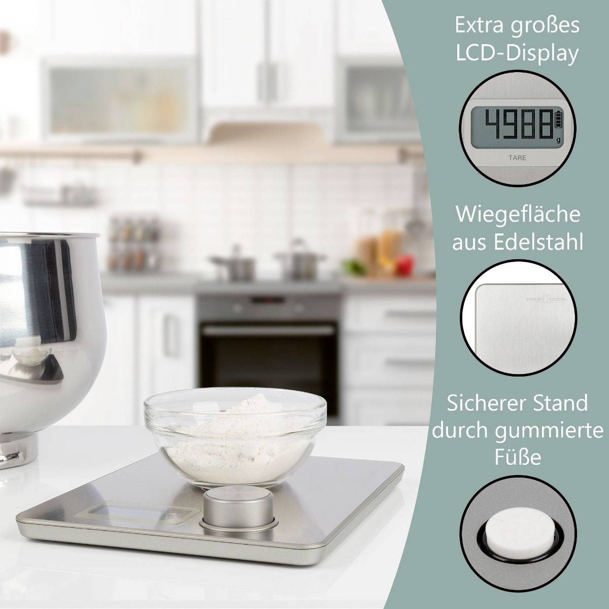 Balance de cuisine numérique dans une cuisine moderne. L'affichage indique '498 g'. Caractéristiques : surface de pesée en acier inoxydable, pieds antidérapants, grand écran LCD.