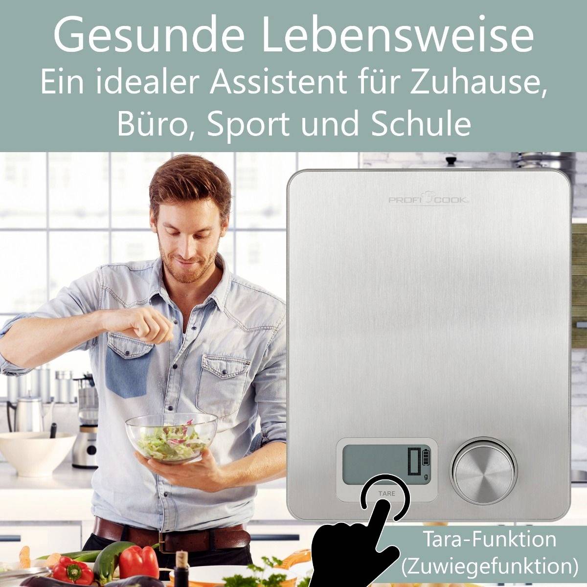 Mode de vie sain : Un assistant idéal pour la maison, le bureau, le sport et l'école<br><br>Un homme dans une cuisine tient un bol. Au premier plan, une balance de cuisine numérique avec fonction tare et écran d'affichage.