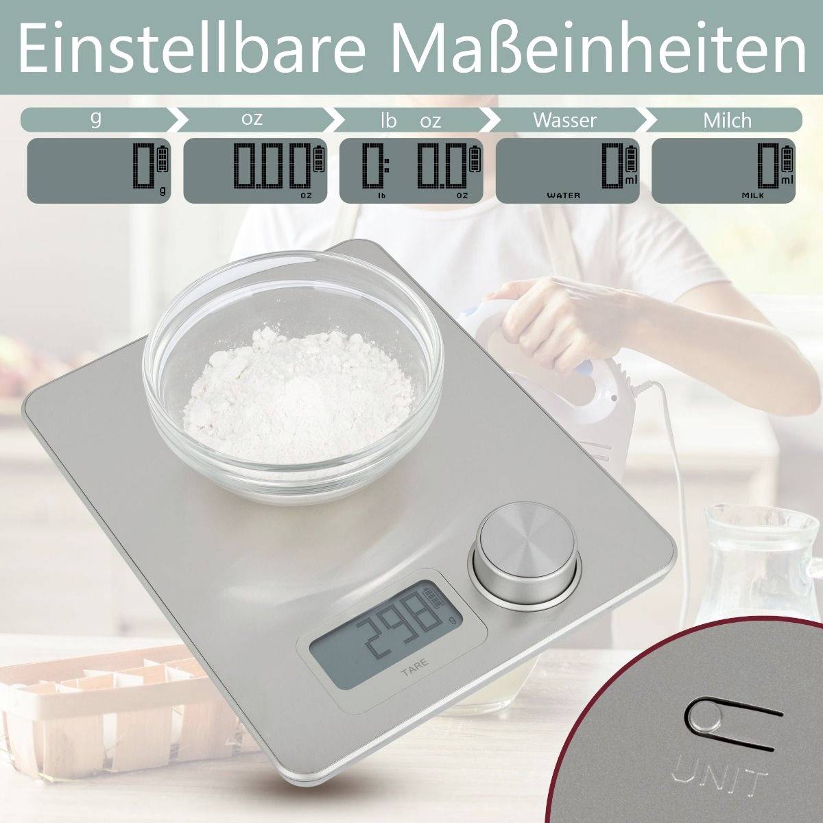 Balance de cuisine numérique affichant 236 grammes. Image de fond d'une personne en train de faire de la pâtisserie.