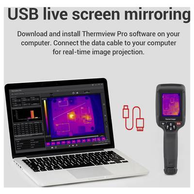 Instructions de mise en miroir d'écran USB en direct avec un ordinateur portable, une icône de câble rouge et un imageur thermique portatif affichant une image thermique pour la projection en temps réel.