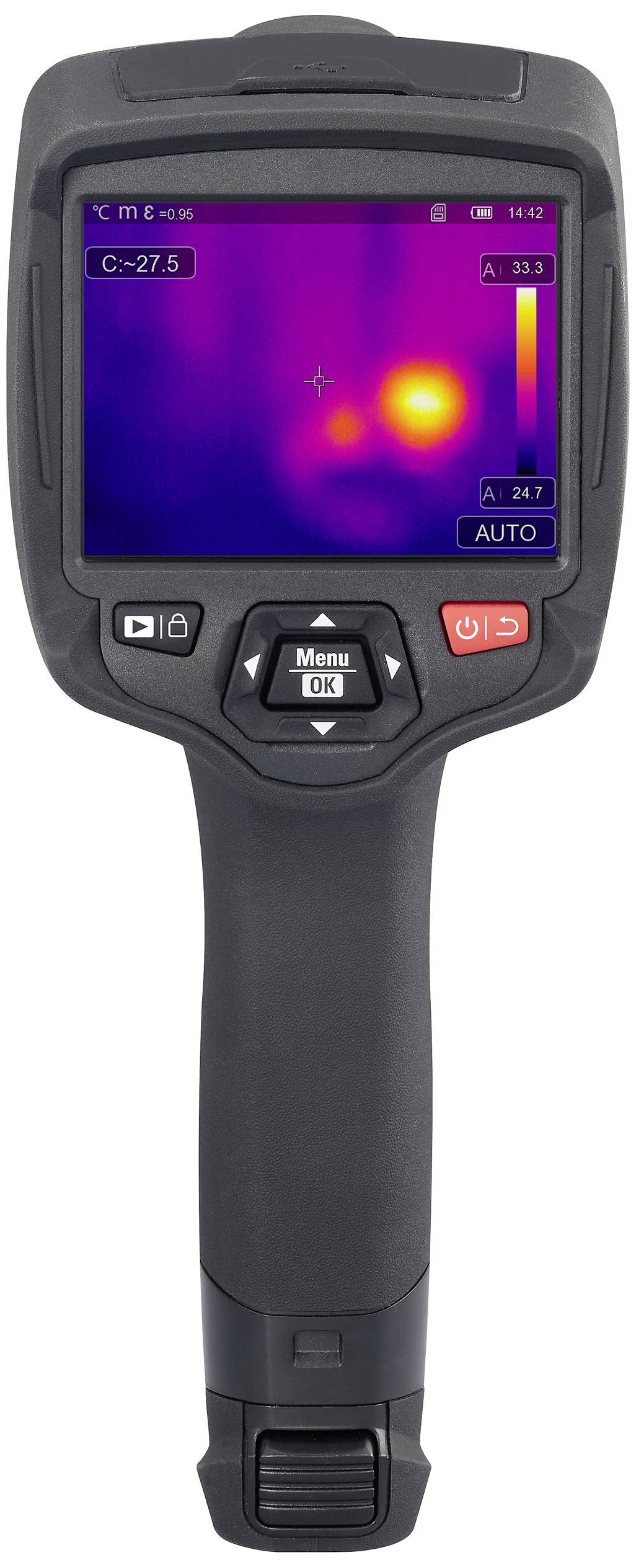 Une caméra thermique portable avec écran affiche une image thermique. Des points lumineux représentent des températures plus élevées.