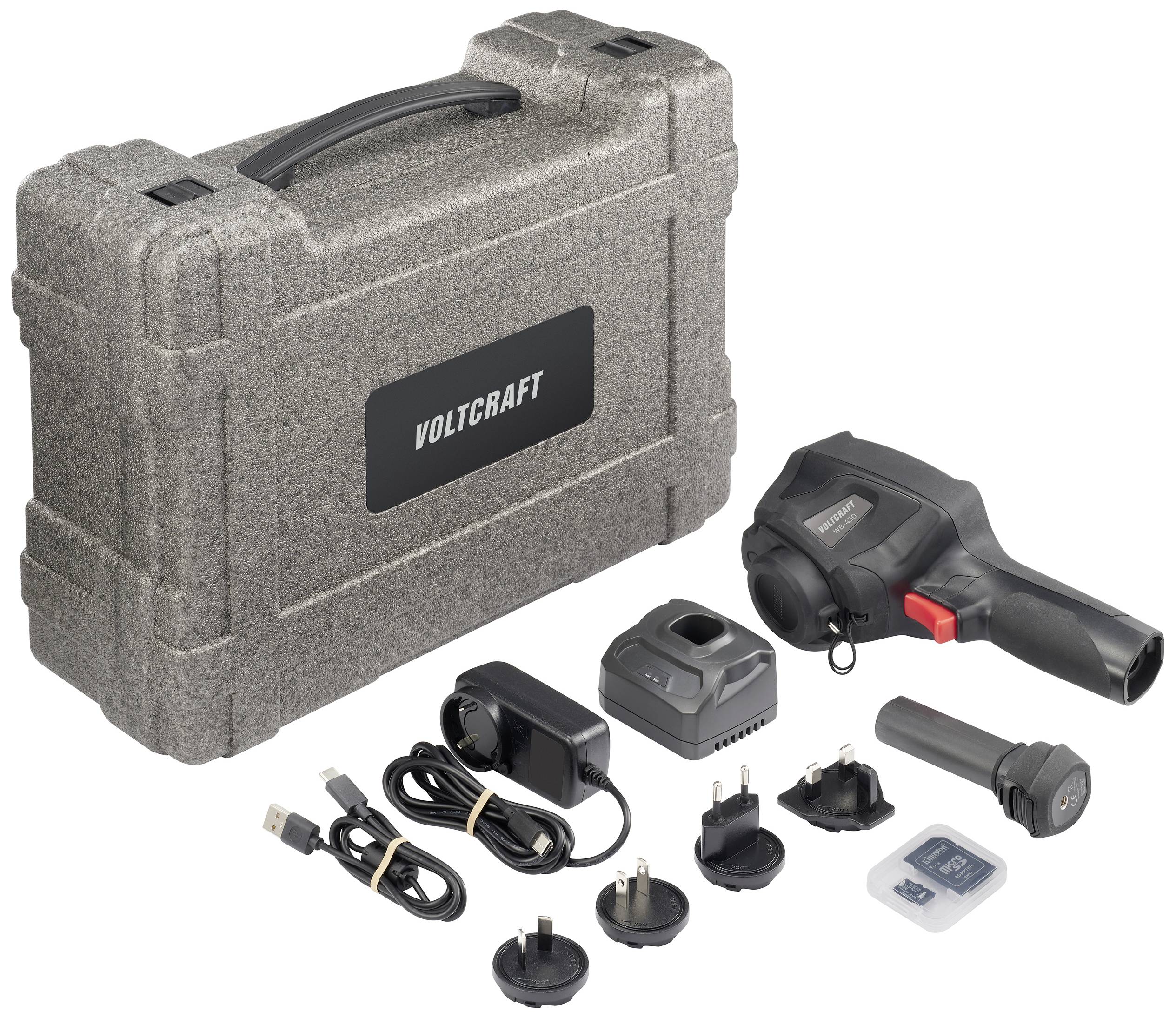 Kit d'outils 'Voltcraft' avec mallette, chargeur, batteries et différents adaptateurs de prise ; idéal pour une utilisation internationale.