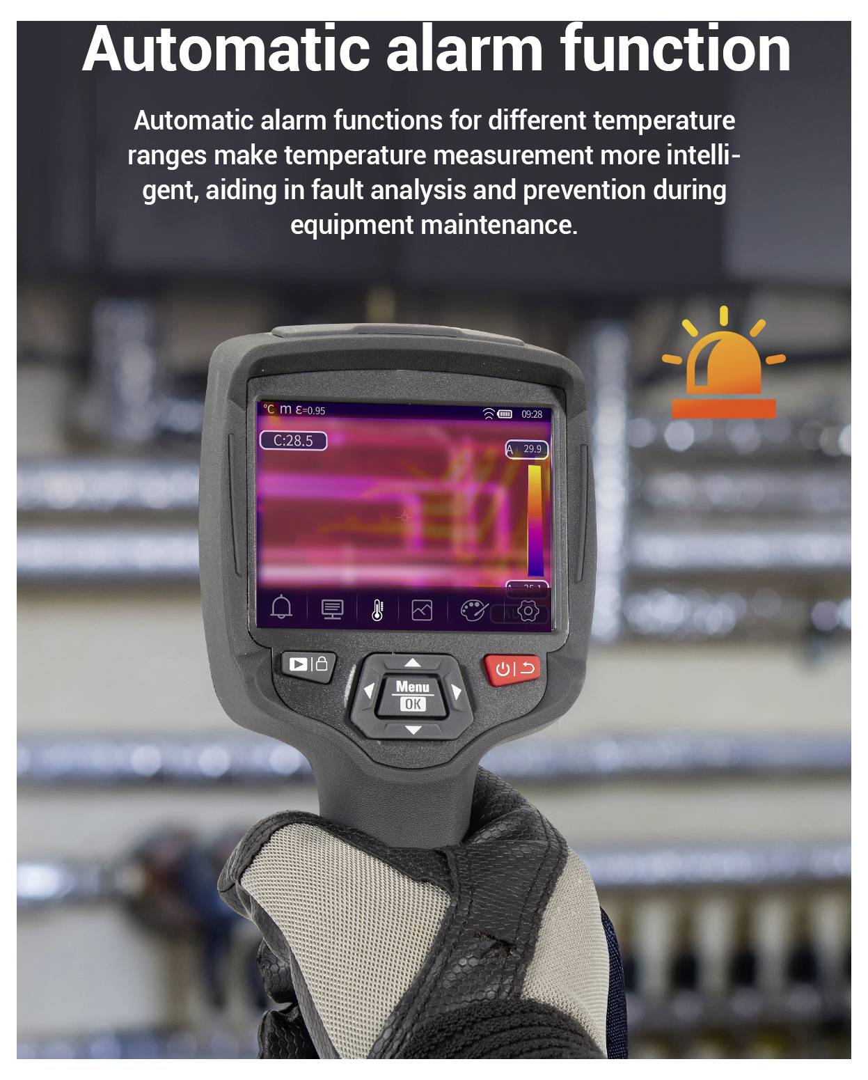 Caméra thermique dotée d'une fonction 'Alarme automatique', affichant un appareil portatif de mesure de température détectant les niveaux de chaleur pour l'entretien des équipements.