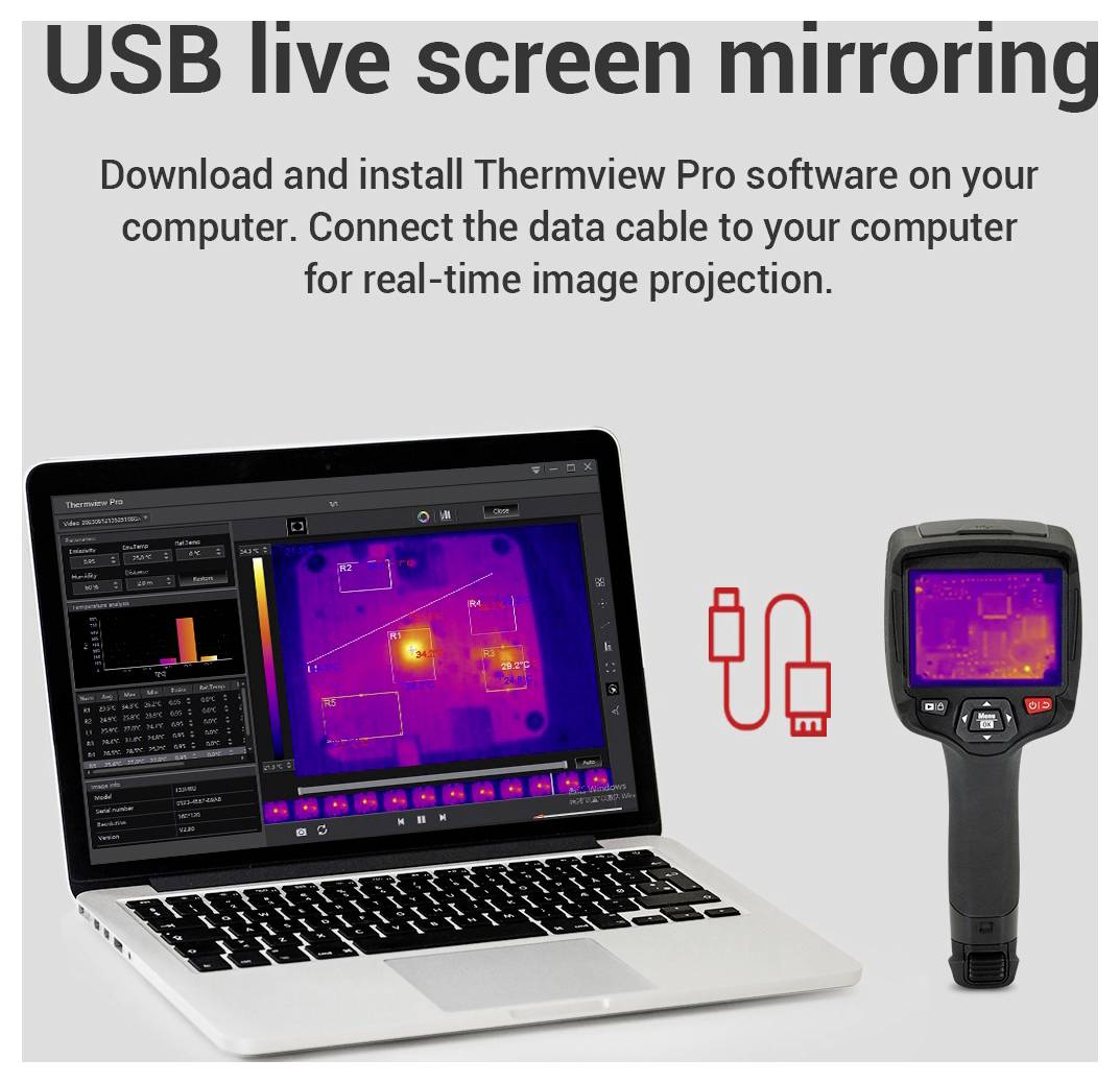 Schéma montrant la mise en miroir d'écran USB en direct : installer Thermview Pro, connecter un câble de données, et projeter une image de caméra thermique sur un ordinateur portable en temps réel.