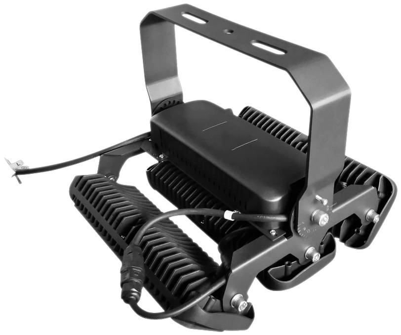 Un projecteur robuste noir avec support réglable et câble électrique. Adapté pour l'éclairage extérieur.