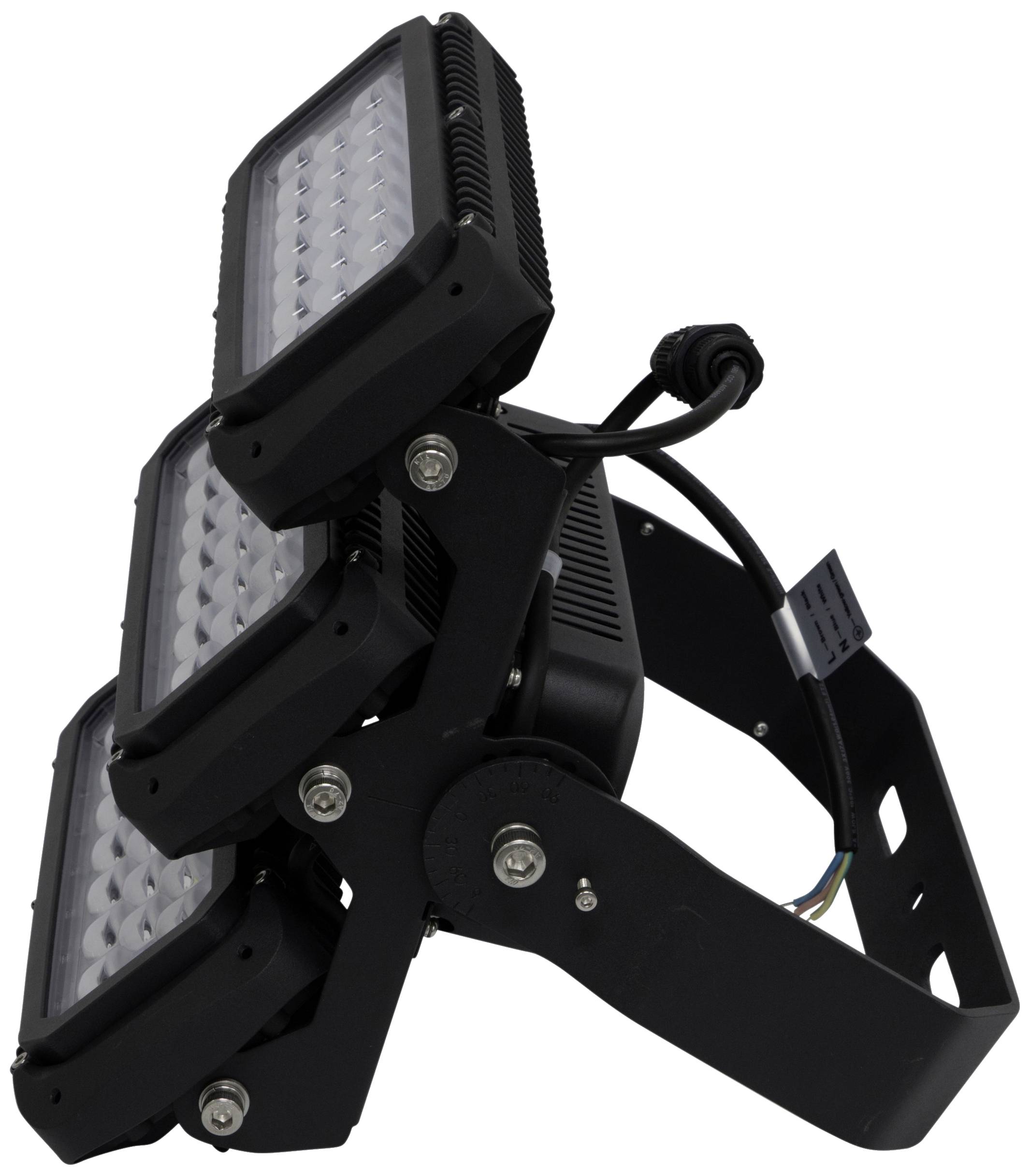 Support de projecteur LED noir avec trois projecteurs rectangulaires, vue latérale, montrant les détails techniques et les connexions de câbles.