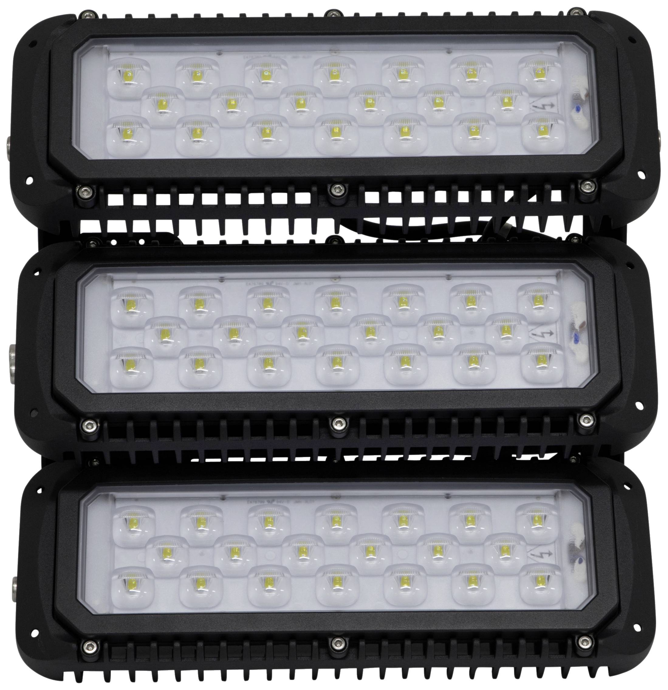 Trois barres lumineuses LED empilées, chacune composée de 20 LED individuelles, montées dans un boîtier rectangulaire noir.
