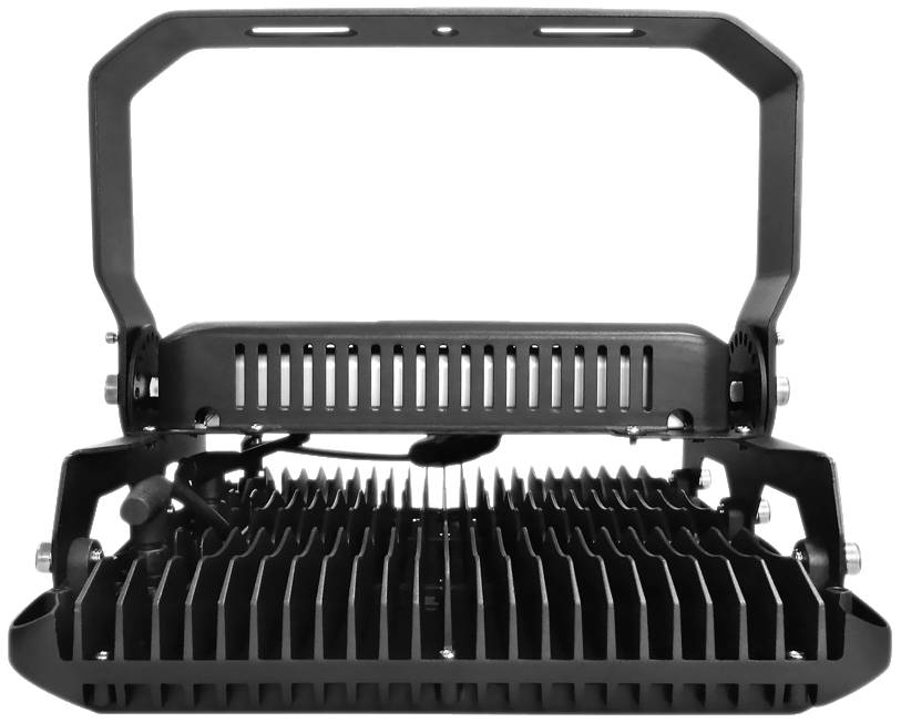 Un projecteur noir et rectangulaire, présenté de dessus avec des ailettes de refroidissement et un support réglable, est dressé verticalement.