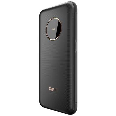 L'image montre l'arrière d'un smartphone noir avec un objectif photo circulaire et l'inscription 'Gigaset'.