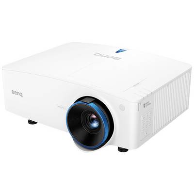 Un projecteur blanc de la marque BenQ, représenté de côté, avec un anneau bleu autour de l'objectif.