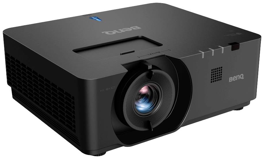 Projecteur noir avec objectif visible et logo de marque sur le dessus. Adapté pour les présentations et le cinéma maison.