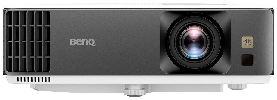 Un projecteur BenQ avec technologie 4K HDR, grille de ventilation à gauche et grande lentille à droite, adapté aux présentations haute résolution.