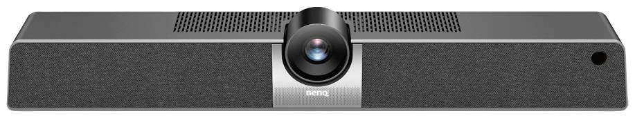Une webcam noire avec haut-parleur intégré et objectif central, adaptée aux visioconférences en milieu professionnel.