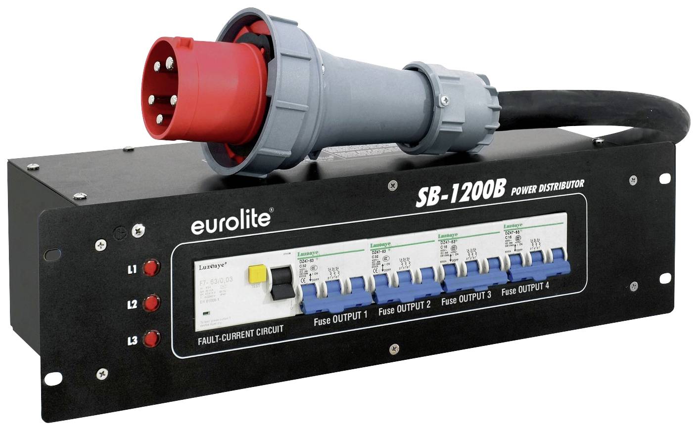 Répartiteur électrique SB-1200B avec six interrupteurs à bascule et quatre protections de sortie, connexion secteur rouge ; de la marque Eurolite.