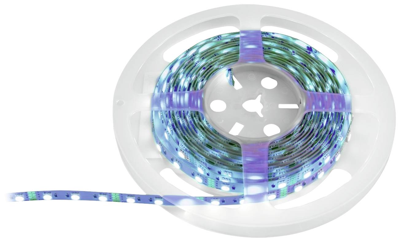 Un corps de bobine blanc avec un ruban LED enroulé qui émet des lumières bleues et blanches. Une extrémité du ruban est libre.