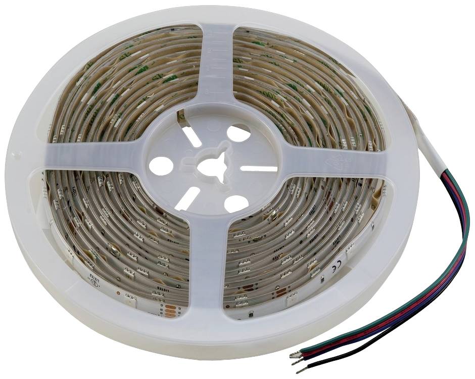 Un rouleau de bande LED avec des câbles colorés en rouge, vert, bleu et noir sur un côté, sur un fond blanc.