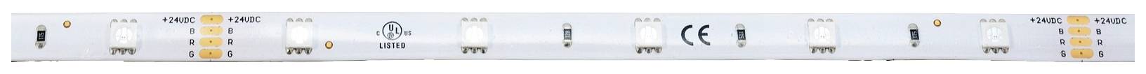 Barre LED flexible avec de petites diodes jaunes et blanches, différents symboles et marquage CE sur une surface blanche.