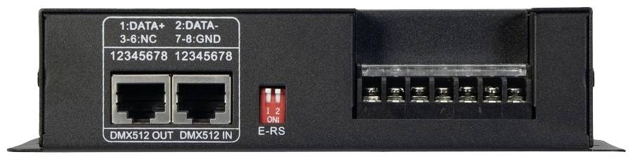 Unité de contrôle DMX512 noir et gris avec connexions et interrupteurs, connexions marquées 1-2 DATA, 3-6 NC, 7-8 GND.